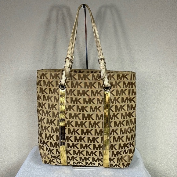 Michael Michael Kors Sequin Gold Tan Logo Large Shopper Tote Bag - Picture 1 of 13